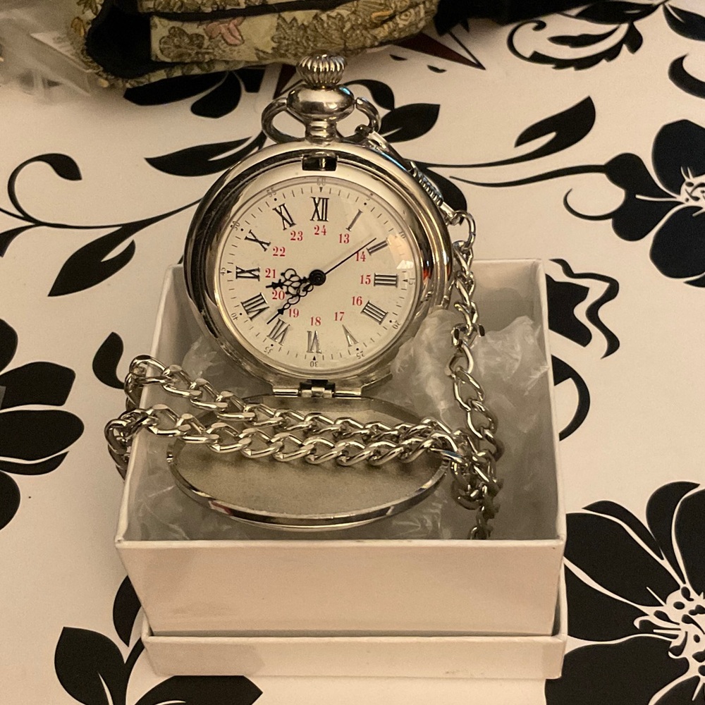 Source Unknown Silver Pocket Watch with White Dial and Chain.